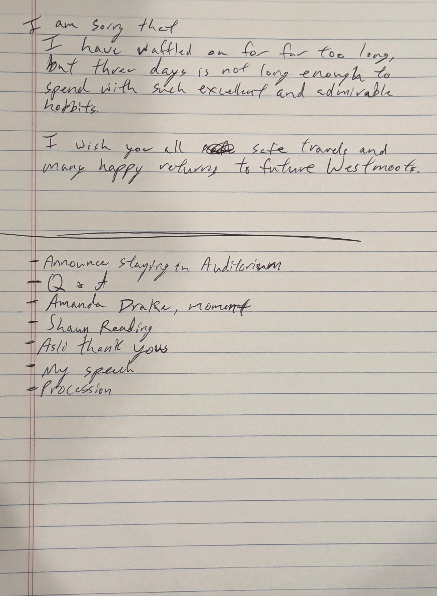 picture of Luke Shelton's manuscript for the closing ceremony of Westmoot 2025, page 4.